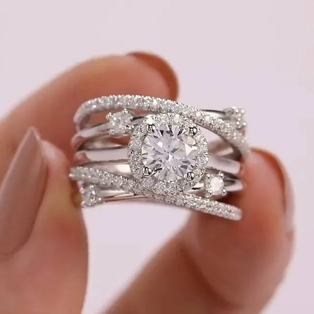 Handmade 2 CT Round Cut Brillant Halo Wedding Set with Matching Band