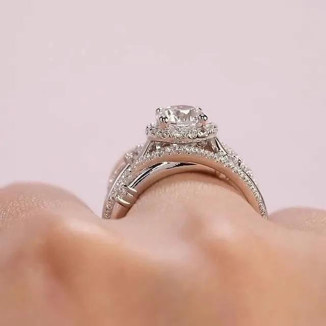 Handmade 2 CT Round Cut Brillant Halo Wedding Set with Matching Band