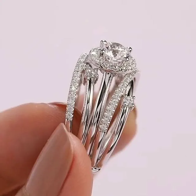 Handmade 2 CT Round Cut Brillant Halo Wedding Set with Matching Band