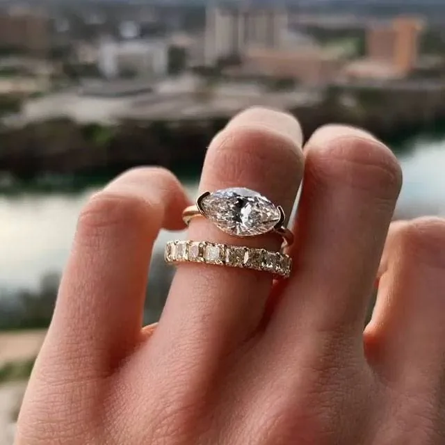 Handmade Marquise Cut Solitaire Engagement Ring With Yellow Radiant Cut Eternity Band