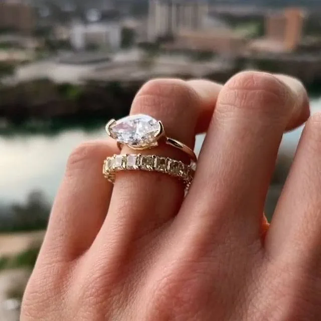Handmade Marquise Cut Solitaire Engagement Ring With Yellow Radiant Cut Eternity Band