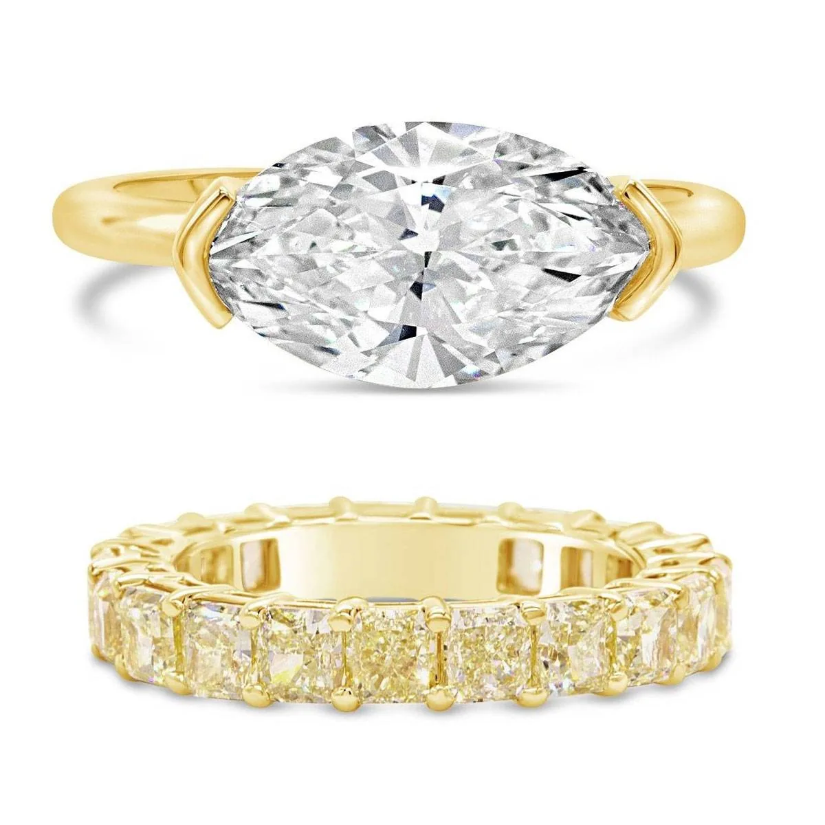 Handmade Marquise Cut Solitaire Engagement Ring With Yellow Radiant Cut Eternity Band