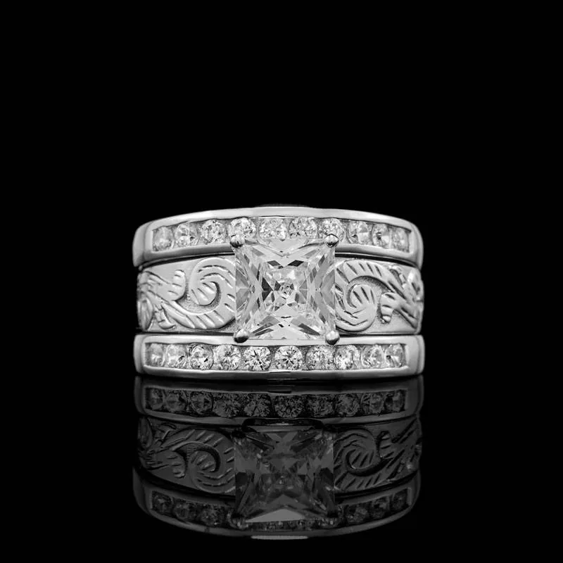 Handmade 2 CT Princess Cut Sterling Silver 3PC Ring Set