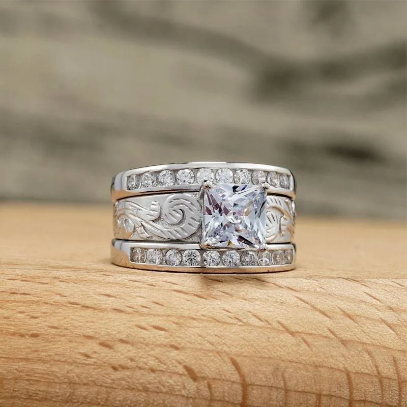 Handmade 2 CT Princess Cut Sterling Silver 3PC Ring Set