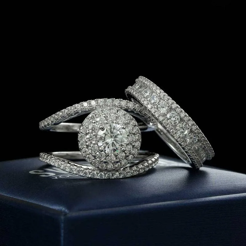 Handmade Interchangeable Brilliant Round Cut Double Halo Sterling Silver Ring Set