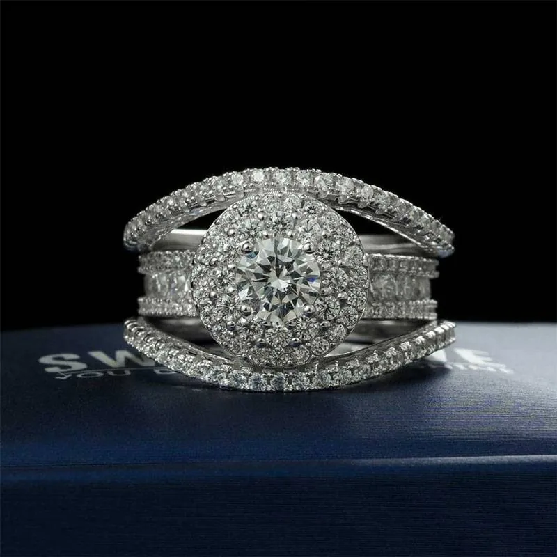 Handmade Interchangeable Brilliant Round Cut Double Halo Sterling Silver Ring Set