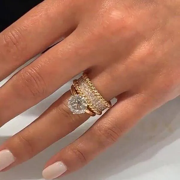 Handmade Yellow Gold Round Cut Solitaire Ring Set