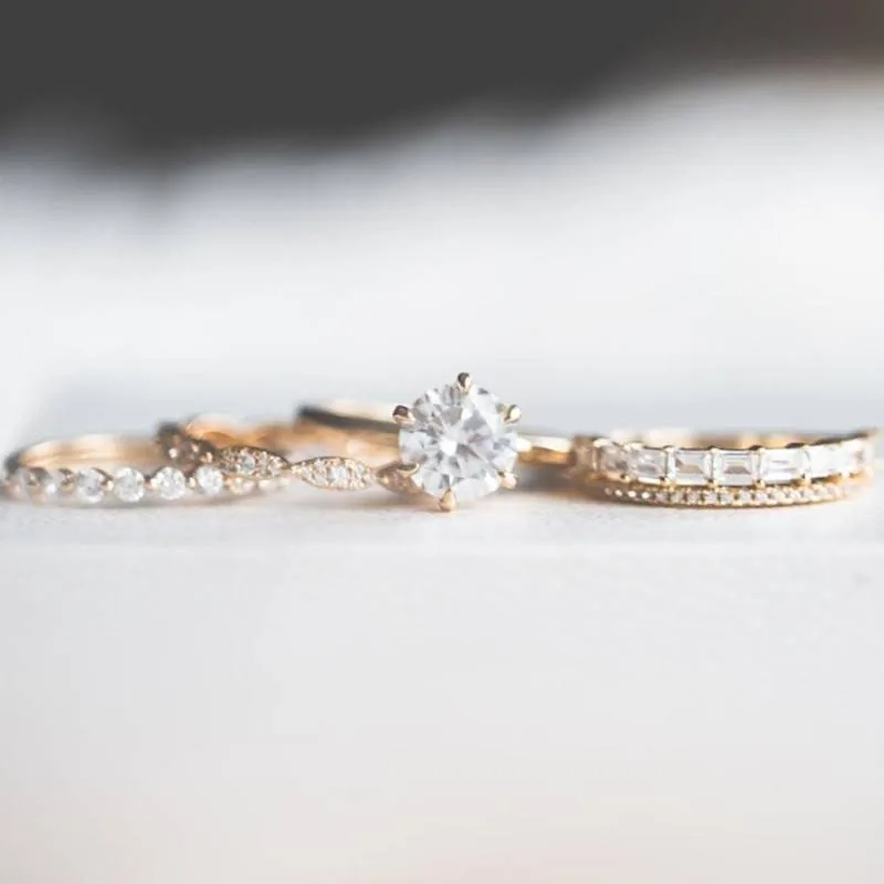 Handmade Yellow Gold 2.0 CT Round Cut Sterling Silver 4pcs Ring Set