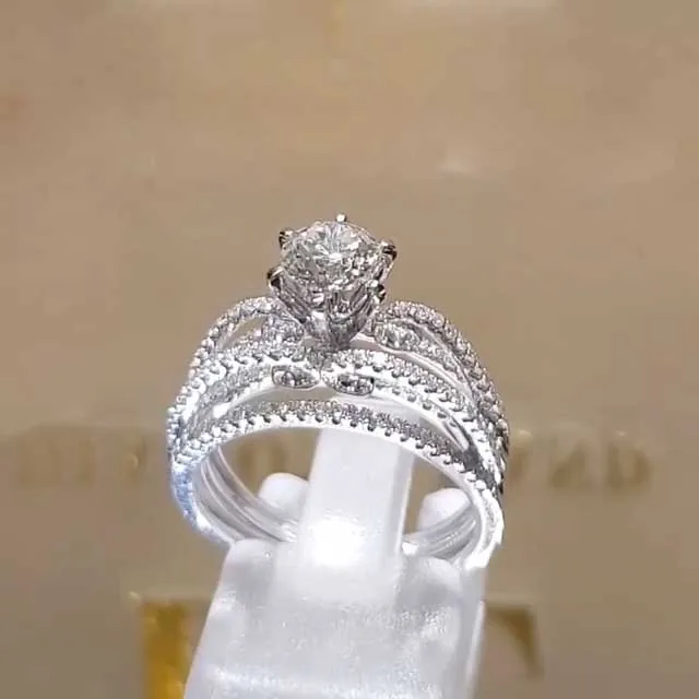 Handmade Round Cut Split Shank Sterling Silver Ring Set