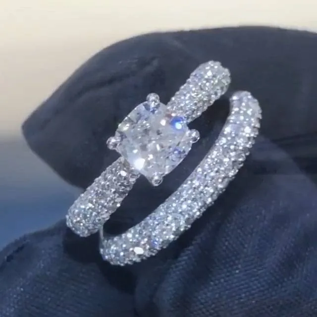 Handmade 1.2Ct Cushion Cut 3D Band Wedding Ring Set