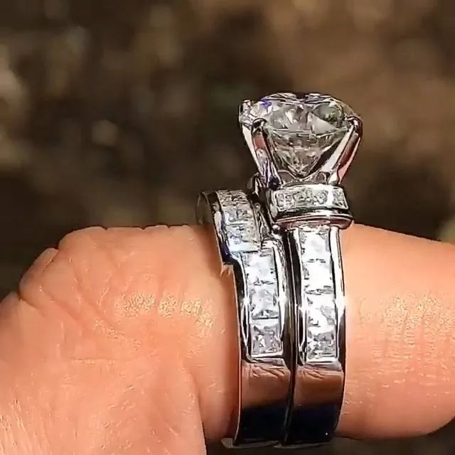 3.0Ct Round Colorless with Princess Sidestones Wedding Ring Set
