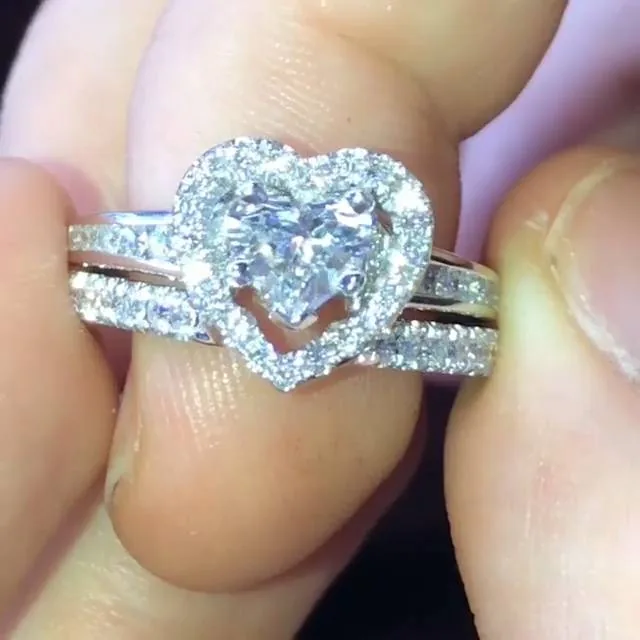 0.5 CT Heart Cut Engagement Ring with Heart Band Wedding Ring Set